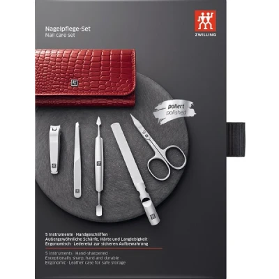 Abbildung von ZWILLING Maniküreset (5 Teilig, für Pflege der Finger und Fußnägel, Echt Leder Etui), Rostfreier Edelstahl Poliert, Kroko Edition, Rot