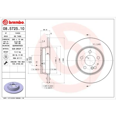 Abbildung von BREMBO 08.5725.10 Bremsscheibe 290 12 5 voll mit Schrauben MERCEDES BENZ: S Klasse Limousine