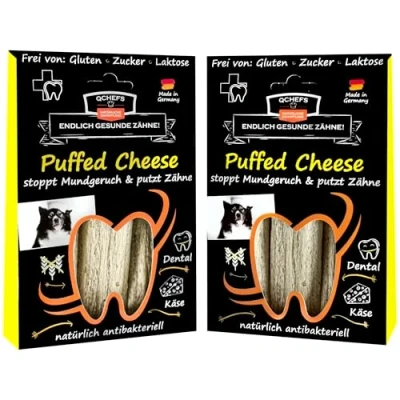 Abbildung von QCHEFS Puffed Cheese: Zahnpflege Hunde als vegetarische getreidefreie Kaustangen nach dem Hundefutter und antibakterieller Mundgeruchentferner (2er Pack)