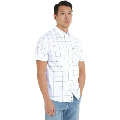 Abbildung von Tommy Jeans Herren Hemd Check Poplin Shirt Kurzarm, Weiß (White), XXS