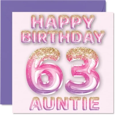 Abbildung von Stuff4 Geburtstagskarte zum 63. Geburtstag für Tante rosa &amp; lila Glitzerballons Happy Birthday Karten 63 Jahre alte von Neffe Nichte, 145 mm x