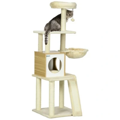 Abbildung von Kratzbaum 141,5cm Katzenbaum mit Katzenhöhle, Spielball, Hängebett, Beige