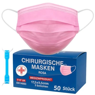 Abbildung von Medizinisch Type IIR Norm EN14683 zertifizierte Mundschutzmasken OP Masken 3 lagig Mundschutz Gesichtsmaske Einwegmaske BFE ≥ 98% surgical mask (50 Einheiten (1 Stück), Rose, 50)