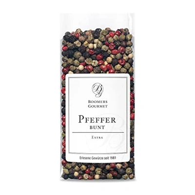 Abbildung von Boomers Gourmet Premium Bunter Pfeffer ganz für die Pfeffermühle, Bunt (schwarzer ganz, weißer grüner rosa Pfeffer) Refill 100 g