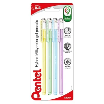 Abbildung von Pentel K108P Hybrid Milky Gelroller Pastellfarben 4 Stück (grün, lila, gelb, hellblau)