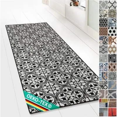 Abbildung von Floordirekt Teppichläufer mit Muster maßgefertigter Feinschlingen Teppich Läufer für Küche, Flur &amp; Wohnraum Ornament Vintage Orient Gitter (80 x 150 cm, Wexford)