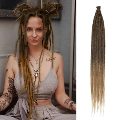 Abbildung von Dreadlock Extensions 24 Zoll Synthetische Hippie Single Ended Dreads 10 Strähnen Ombre Brown 0,6 cm Breite Loc Reggae Style Häkelhaar für Frauen (SE Strands, 4/27)