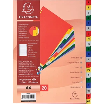 Abbildung von Exacompta 94E Kunststoff Register A Z für DIN A4 aus langlebigem 20 teilig volle Höhe 21 x 29,7 cm weiß mit bedruckten, bunten Taben Universallochung Indexseite zum selbstgestalten