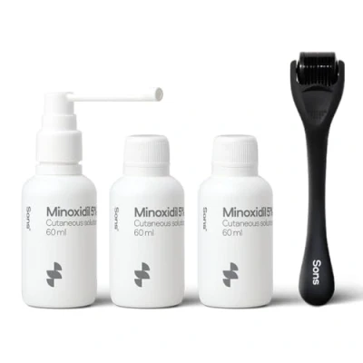 Abbildung von Sons Minoxidil 5% topische Lösung und Dermaroller, Haarwuchs &amp; Haarverdichtung; bei Haarausfall Haarausdünnung Männern, Stimuliert Kollagen reaktiviert geschrumpfte Follikel 3 Monate