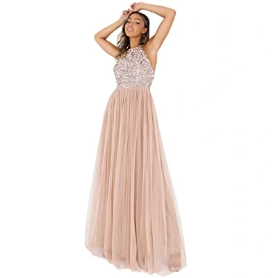 Abbildung von Maya Deluxe Womens Ladies Bridesmaid Maxi Dress Halter Neck Sequin Embellished Prom Graduation Wedding Taupe Blush Size 42 EU (Herstellgroesse: 14 UK)
