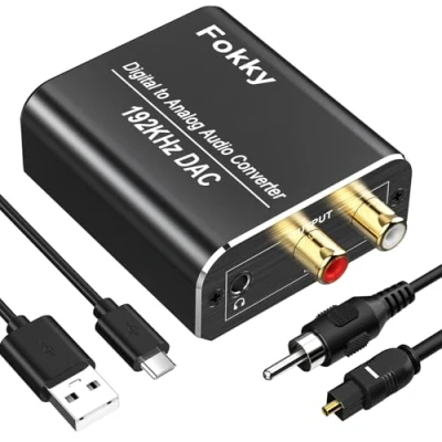 Abbildung von Fokky DA Wandler, 192kHz DAC Konverter Digital Analog SPDIF Koaxial Toslink zu Stereo RCA L/R 3,5 mm Audio Adapter mit Optisches Kabel+Koaxialkabel, Optical to Aux für TV DVD Blu Ray