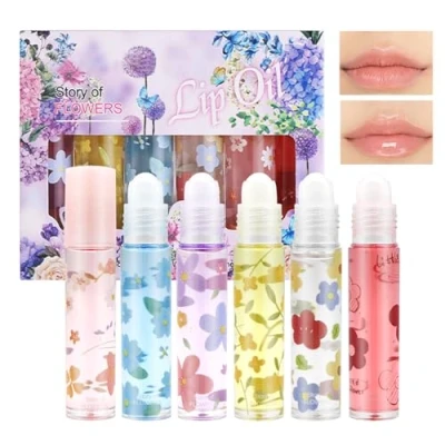 Abbildung von KUIRUNRX® Roll On Glitter Lipgloss,Farblos Lipgloss Durchsichtig,Glitzer Aufrollen, Geschmack Feuchtigkeitsspendende Lippenstifte,Lip Shiner für trockene Lippen (Floral, 6pcs)