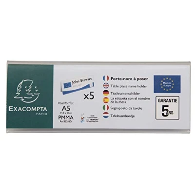 Abbildung von Exacompta 85358D 5er Pack Tisch Namensschilder Querformat DIN A5 gefaltet aus hochwertigem Acryl beidseitig verwendbar UV beständig 21,0x7,5 cm Tischaufsteller Tischschild transparent