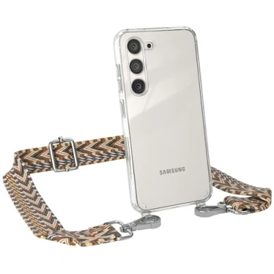 Abbildung von EAZY CASE Handykette Verstellbares Taschenband kompatibel mit Samsung Galaxy S23, Schulterriemen, Handykordel Silikon Hülle, Umhängetasche, Hell Braun/Braun Clips Silber