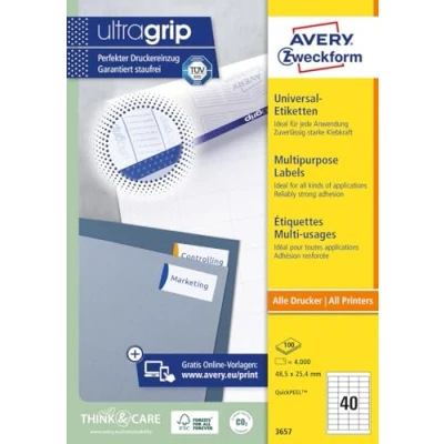 Abbildung von AVERY Zweckform 3657 Universal Etiketten (4.000 Klebeetiketten, 48,5x25,4mm auf A4, Papier matt, individuell bedruckbar, selbstklebende Aufkleber mit ultragrip) 100 Blatt, weiß