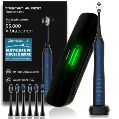 Abbildung von Tristan Auron Schallzahnbürste Elektrische Zahnbürste mit UV Reiseetui 55.000 Schwingungen, 5 Reinigungsmodi 60 Tage Akku Inkl. 6 Aufsteckbürsten (Blau)