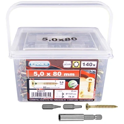 Abbildung von Connex Universalschrauben 5,0 x 80 mm 140 Stück im Set Senkkopf TX Antrieb Teilgewinde Gelb verzinkt Inkl. Magnethalter &amp; 2 Bits / Schrauben Eimer B30177, Silber