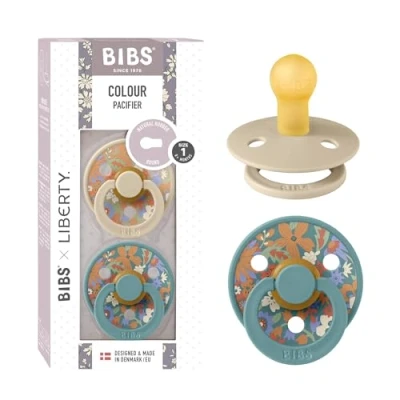 Abbildung von BIBS Liberty Schnuller 2 farbiger Naturkautschuklatex Größe 1 (0 6 Monate) BPA freier runder Nippel entworfen &amp; hergestellt in Dänemark June Blossom Vanilla Hush Mix