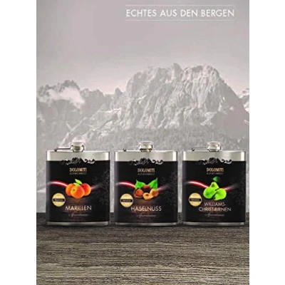 Abbildung von DOLOMITI Flachmann gefüllt 3er Set Haselnuss/Williams/Marille Schnaps │ Premium Spirituose 35% vol. fruchtige, angenehm milde Schnäpse im Edelstahl │0.2 Liter │wiederbefüllbar