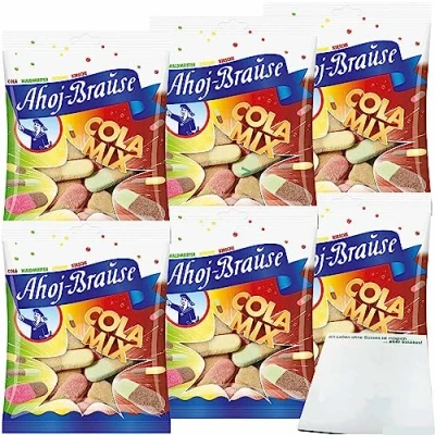 Abbildung von Ahoj Brause Cola Mix Kaubonbon ein buntes Naschvergnügen 6er Pack (6x150g Packung) + usy Block