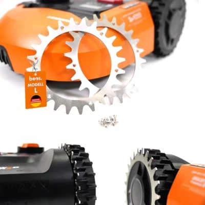 Abbildung von BEOS® Premium Edelstahl Spikes für Worx Landroid L &amp; Vision Poliert Gesenkte Schraubenlöcher Entgratet 12x Schrauben Traktionsverbesserung Mähroboter Rasenroboter Radgröße 225 mm