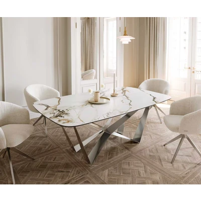 Abbildung von Esstisch Edge Boot 200x100 Keramik Calacatta Luxe Weiß Gold Grau Spider Flachstahl Edelstahl
