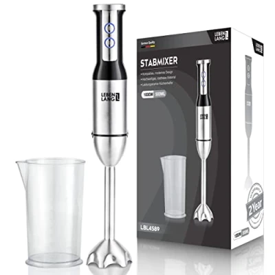 Abbildung von Lebenlang Stabmixer Edelstahl Pürierstab Kraftvolle, 1000,00 W, 8 Geschwindigkeitsstufen &amp; Turbo Modus I Spritzschutz