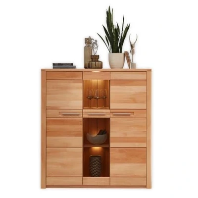 Abbildung von Nature ONE Highboard in Kernbuche Teil massiv FSC Zertifiziert Moderner Wohnzimmerschrank mit viel Stauraum und LED Beleuchtung 127 x 137 40 cm (B/H/T)