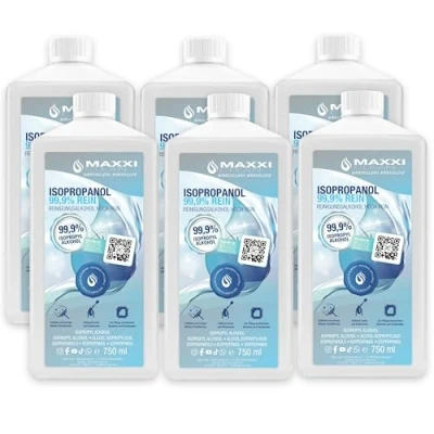Abbildung von Maxxi Clean 6x 750 ml reines Isopropanol (99,9%) Reinigungsalkohol Fettlöser &amp; Lösungsmittel rückstandsfrei anwendbar zur Reinigung von elekt. Bauteilen, Schallplatten, Druckköpfen und mehr