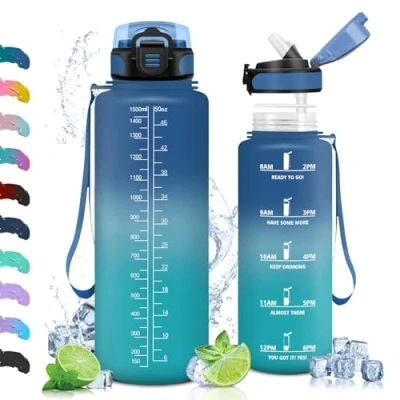 Abbildung von Vikaster Sport Trinkflasche, Trinkflasche mit Strohhalm 1.5L, Wasserflasche BPA Free, Leak Proof, Sportflasche für Camping, Yoga, Gym, Outdoors, Blaugrün 1500ml