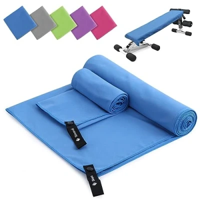 Abbildung von Mikrofaser Handtuch 2er Set 180x60cm Groß Badetuch + 80x40cm Klein Hand Gesichtshandtuch Schnelltrocknend Handtücher, Sporthandtuch Fitnessstudio für Fitness Strand Gym (Blau)