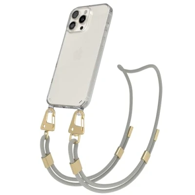 Abbildung von EAZY CASE Handykette mit Karabiner kompatibel iPhone 16 Pro Max Hülle Silikon Fallschutz transparente für Apple Kette zum Umhängen Schutzhülle Taupe Transparent Gold