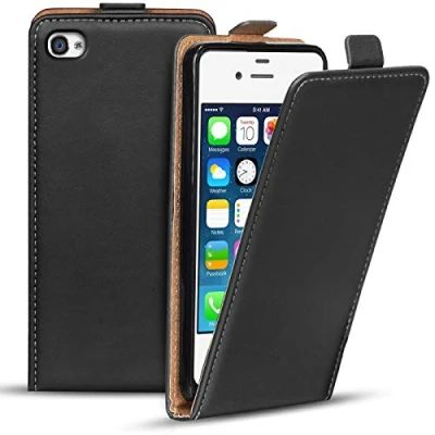 Abbildung von Verco Flip Cover für iPhone 4 4S Case, Flipstyle Schutzhülle Apple / Hülle Kunstleder Tasche vertikal klappbare Handyhülle, Schwarz