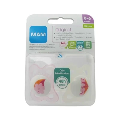 Abbildung von MAM Schnuller Original S158 mit Skinsofttm Silikonsauger, ultraweich, für 0+ Monate, automatischer Sterilisierungsbox, Sortiert, 2 Stück