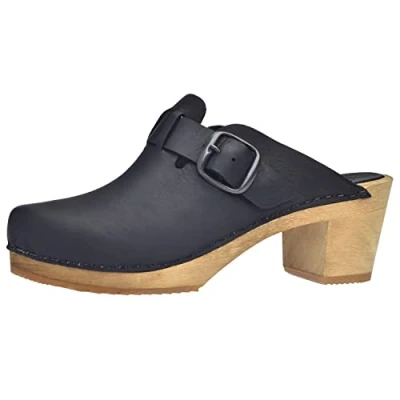 Abbildung von Sanita Malulo Clog Original handgemacht Leder Holzclogs für Damen Verstellbarer Riemen Schwarz 40 EU