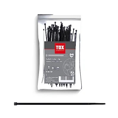 Abbildung von TOX Kabelbinder Clip, Schwarz, UV beständig, universell einsetzbar im Innen und Außenbereich, zur sicheren Befestigung Haus, Büro Garten, Größe 4,8 x 250 mm, 100 Stück, 099600027