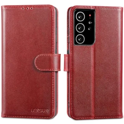 Abbildung von LENSUN Lederhülle für Samsung Galaxy S21 Ultra, Echtleder Hülle [RFID][Kartenfach][Standfunktion][Echtes Leder] Handyhülle Handytasche Ultra Weinrot