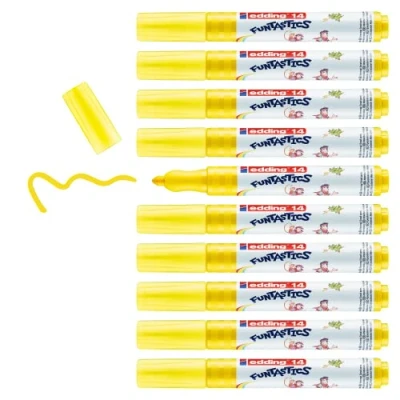Abbildung von edding 14 FUNTASTICS 10 Malstifte für Kinder gelb Rundspitze 3 mm Malspaß auf hellem Papier und Karton abwaschbar von Haut Textilien