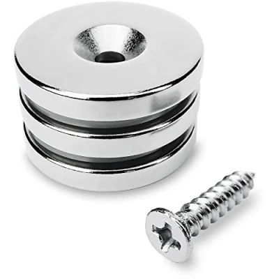 Abbildung von Sensei 3 Stück Ring Neodymmagnet 25x4 mm mit Öffnung für Schraube, belastbar bis 9 kg + Holzschrauben im Set