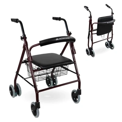 Abbildung von Mobiclinic® Rollator, Faltbar und Leicht, Prado, Aluminium, Europäische Marke, Druckbremsen, Laufhilfe Senioren, Gehwagen, Rollator mit Sitz 4 Rädern, Bordeaux