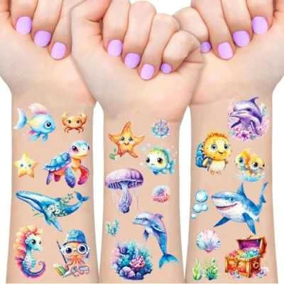 Abbildung von Ocean Glitzer Tattoo Set Kinder, 12 Blätter Ozean Temporäre Meerestiere Fake Tattoos Kinders, Meer Geschenke für Jungen Mädchen