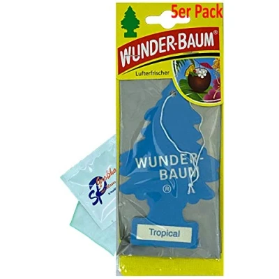 Abbildung von WUNDER BAUM 5 Stück Tropical Lufterfrischer Duftbaum Wunderbaum Original inkl. 1 x Glasreinigungstuch von SP Großhandel Gratiszugabe
