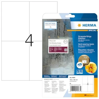Abbildung von HERMA 4583 Wetterfeste Folienetiketten, 10 Blatt, 105 x 148 mm, 4 pro A4 Bogen, 40 Stück, selbstklebend, bedruckbar, matt, blanko Klebeetiketten Aufkleber aus Folie, weiß