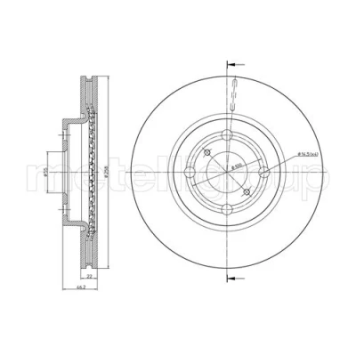 Abbildung von METELLI 23 0879C Bremsscheibe 258,0 22,0 4 55,0 Belüftet lackiert TOYOTA: Yaris II Schrägheck, Vios / Limousine, III Schrägheck