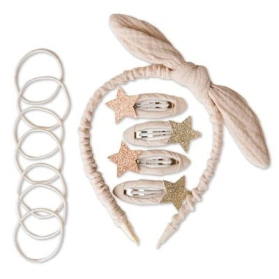 Abbildung von Papierdrachen Besonderes Haar Accessoires Set mit Haarreif, Glitzer Haarspangen, Haargummis kombiniert hochwertigem Musselin Stoff Beige für Mädchen und Damen