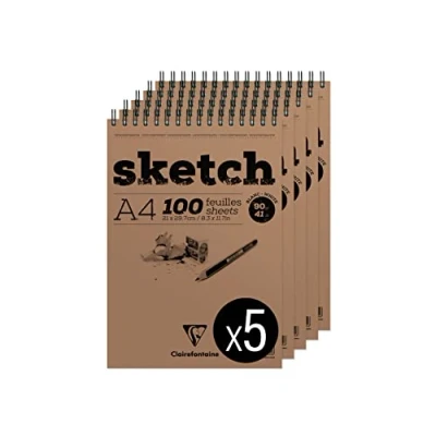 Abbildung von Clairefontaine 96604C Packung mit 5 Skizzenblöcken Doppelspirale, SKETCH Papier, DIN A4 21x29,79cm, weißes Zeichenpapier 100 Blatt, 90g, 1 Pack