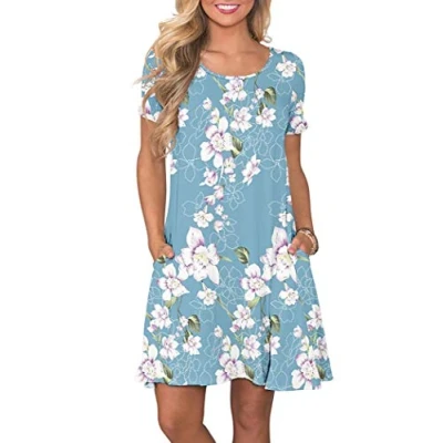 Abbildung von AUSELILY Damen Kleider Sommer Kurzarm Shirtkleider Kurz Sommerkleider Leicht Freizeitkleid mit Taschen Grün Drucken M