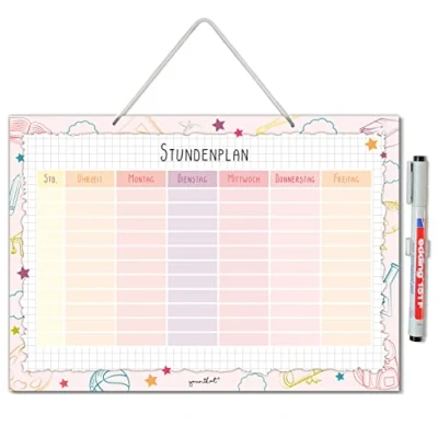 Abbildung von Stundenplan in rosa I DIN A4 Hartschaum Platte (21 x 29,7 cm) mit kariertem Hintergrund und Doodle Motiv für Jungs Mädchen dv1220