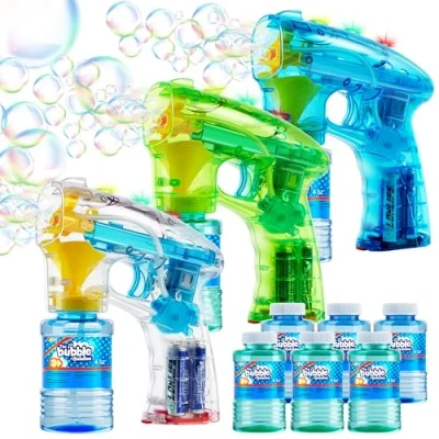 Abbildung von JOYIN 3 Seifenblasen Pistolen für Kinder, LED Seifenblasenpistole mit 6 Flüssigkeit, Seifenblasenmaschine Bubble Party Gefälligkeiten, Sommerspielzeug, Outdoor und Indoor Aktivitäten