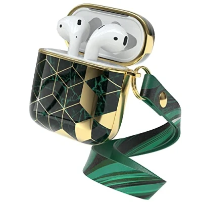 Abbildung von EAZY Case Schutzhülle für AirPods 1 &amp; 2 Hülle Grün Hard Stoßfest mit Karabiner geeignet als Schlüsselanhänger Antikratz Etui rutschfest Hardcase Airpod 2. / 1. Generation Gold Marmor